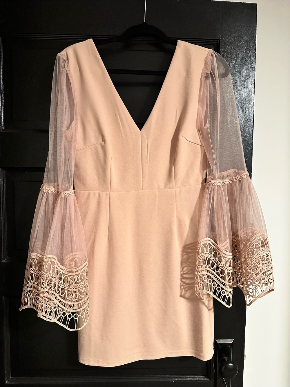 Ina Blush Pink NWT V-Neck Mini Dress with Lace Bell Sleeves